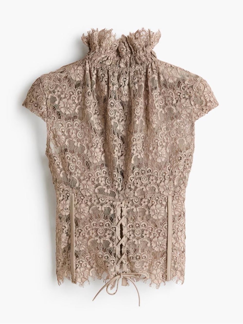 Lace High-Neck Cap Sleeve Top in Taupe